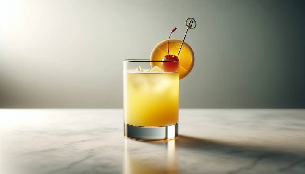 koktail Yellow Bird dalam gelas highball dengan irisan jeruk dan ceri