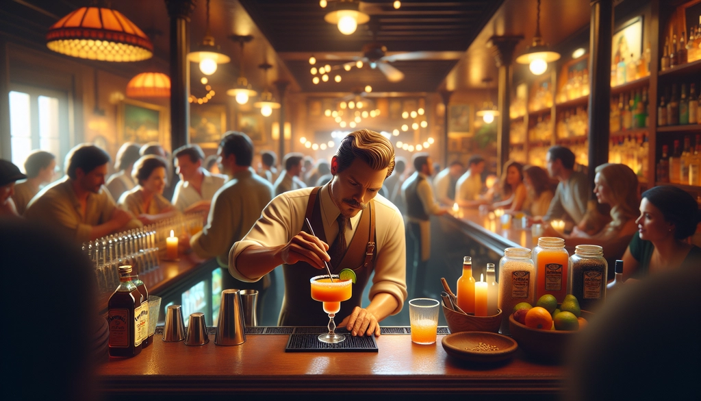 A bartender crafting the renowned Tommy's Margarita at a bustling San Francisco bar.