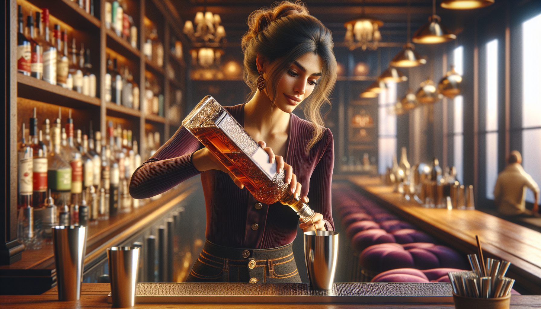 A bartender pouring Cognac into a shaker, ready to be adjusted for a personalized cocktail experience.