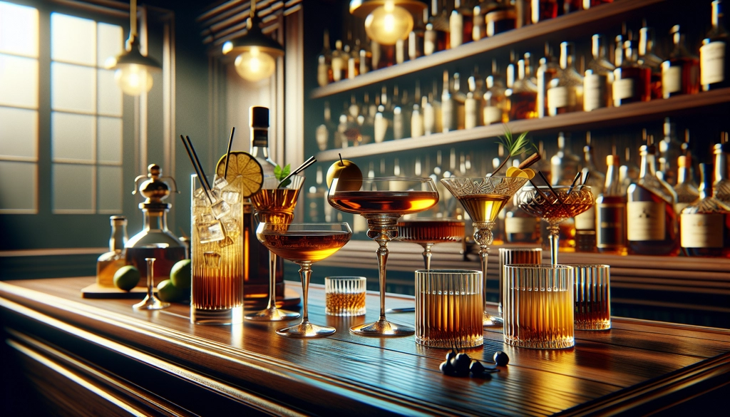 A collection of classic Cognac cocktails on a wooden bar, highlighting the spirit's diversity.