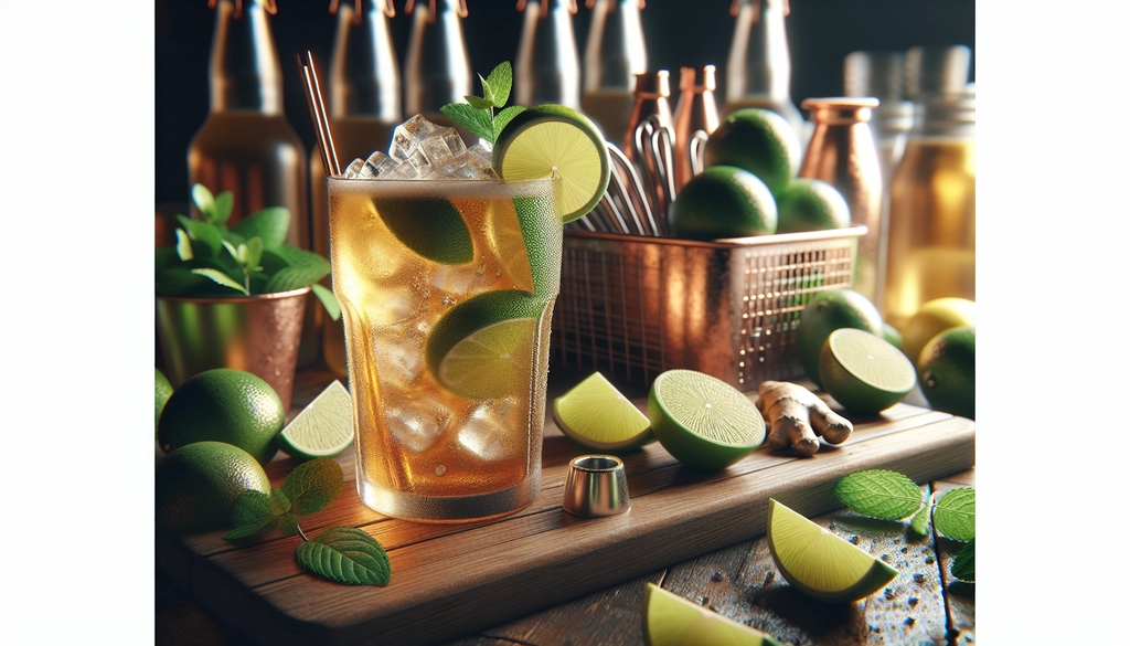 A glass of non-alcoholic ginger beer paired with ingredients like lime and mint, highlighting its benefits for Moscow Mules.