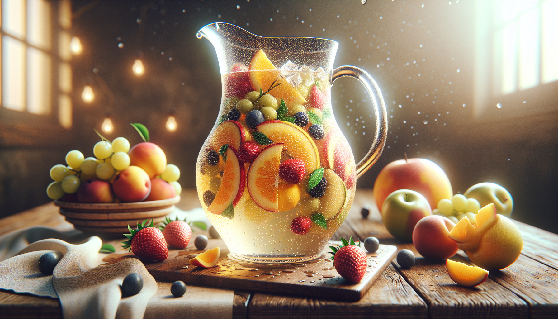 A refreshing pitcher of classic white sangria filled with fresh fruits and a touch of fizz, ready for serving at gatherings.