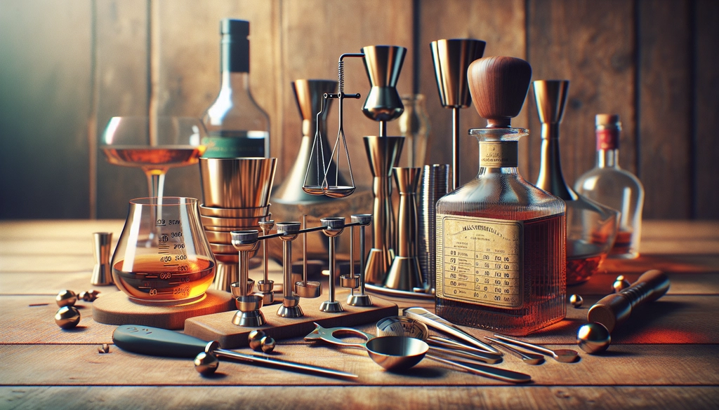 A set of measuring jiggers and a bottle of Cognac, illustrating the method of adjusting cocktail ingredients.