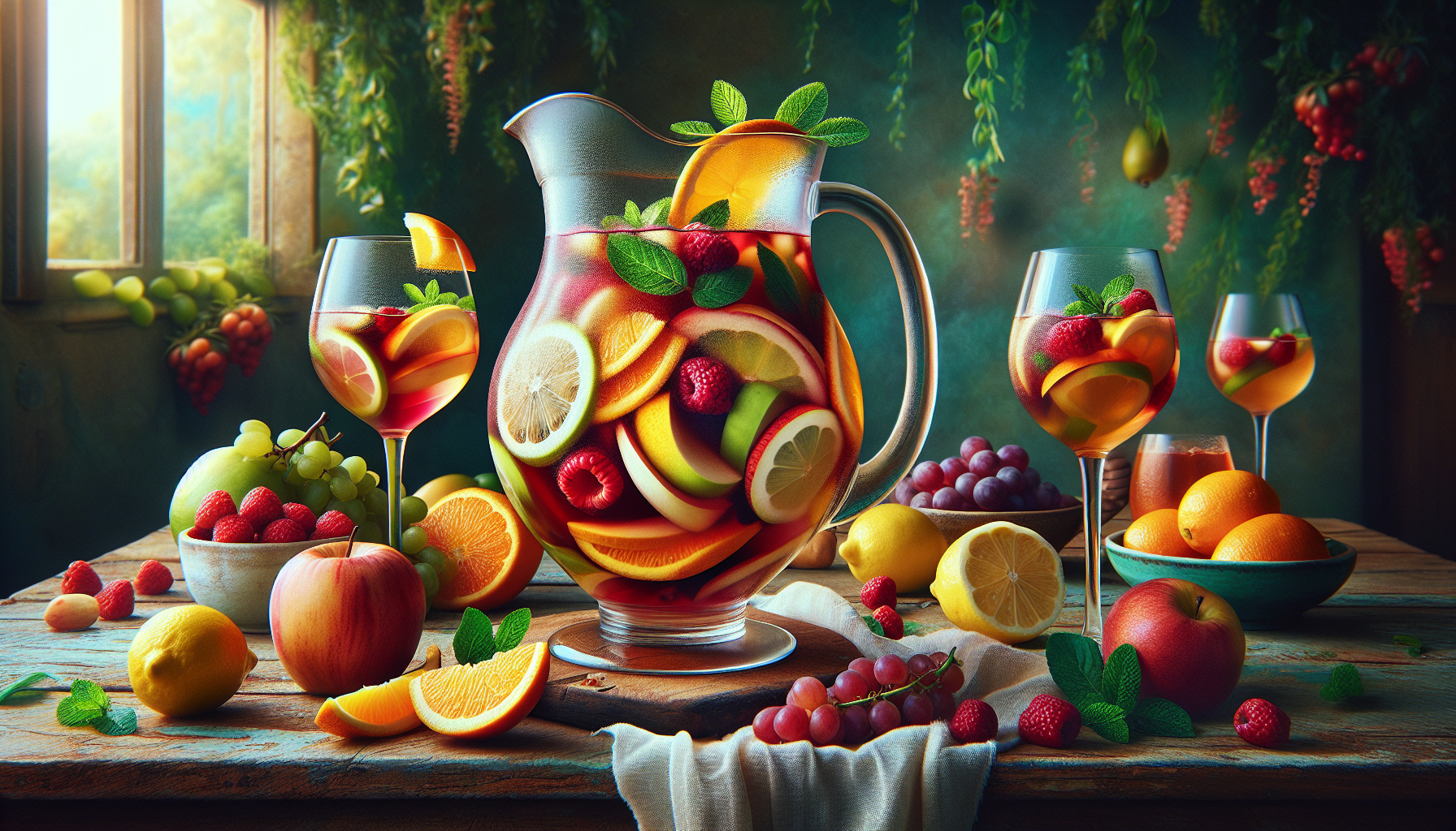 A vibrant pitcher of classic white sangria with an array of colorful fruits