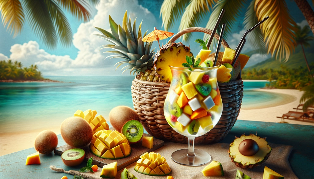 A vibrant, tropical-themed white sangria with pineapple, mango, and kiwi, capturing the essence of a summer vacation.