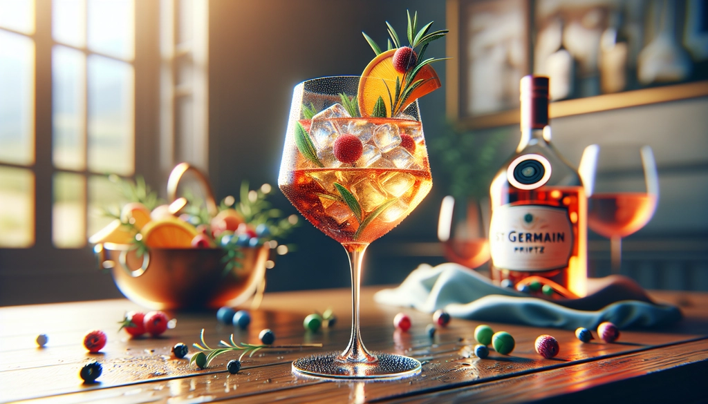 A wine glass filled with a St Germain Spritz, elegantly garnished and ready to serve