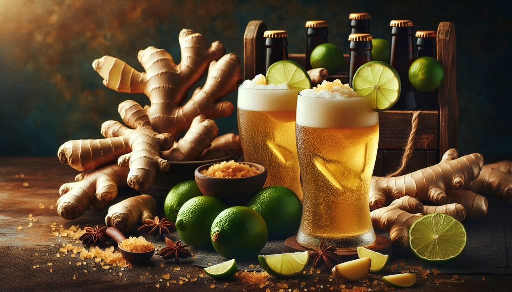 An array of flavor notes from ginger beer displayed through ginger roots and lime wedges.