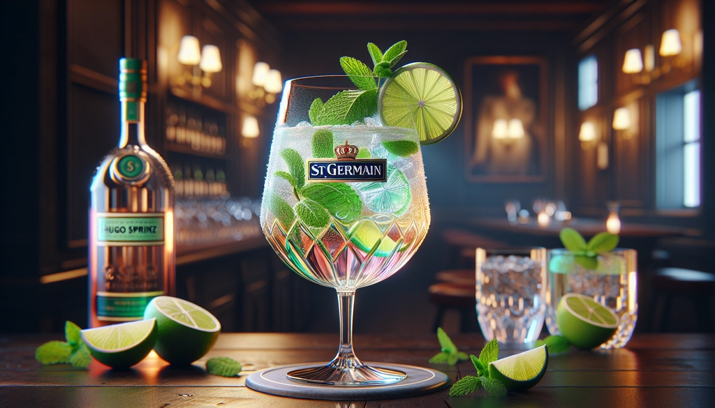 Hugo Spritz cocktail with St Germain, mint, and lime in a wine glass