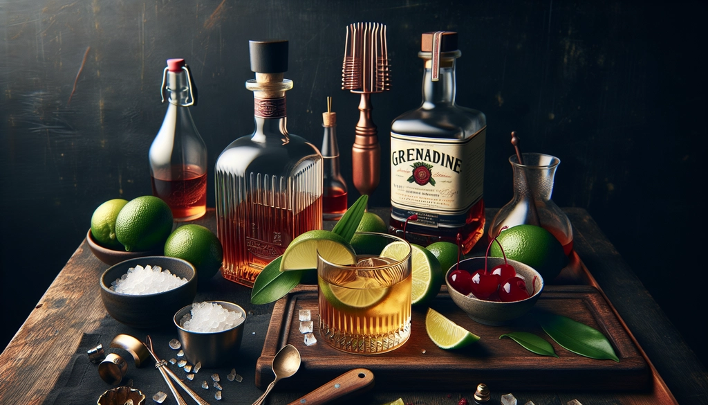 Ingredients and garnishes for a modern Whiskey Sour, including Seagram 7 and grenadine, laid out with lime and cherry.