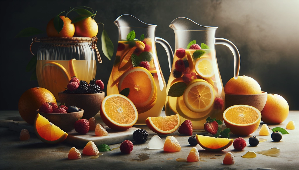 Ingredients and preparation details for a classic white sangria, featuring fresh oranges, berries, and citrus slices.