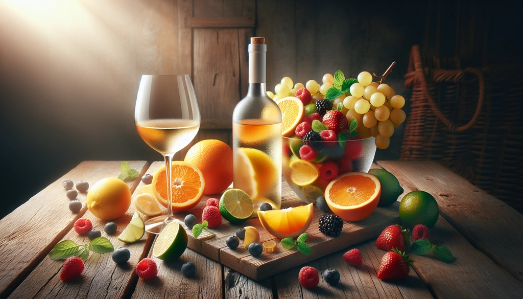 Ingredients for a classic white sangria recipe, including white wine, citrus fruits, and berries