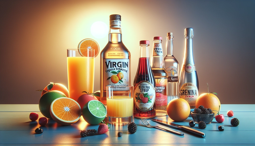 Ingredients for a Virgin Tequila Sunrise including orange juice, grenadine syrup, and a sparkling water bottle.