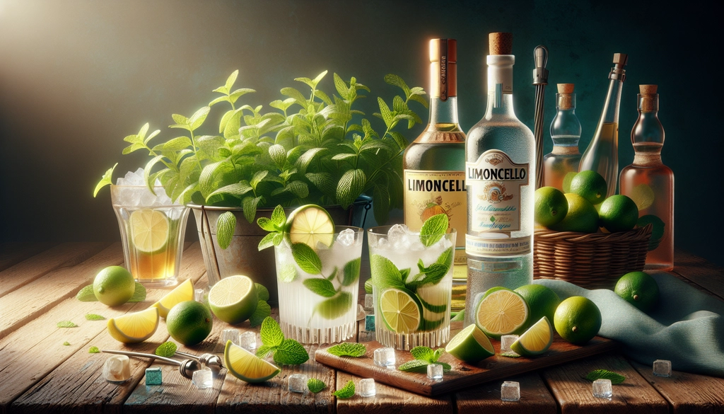 Ingredients for an Italian Mojito with Limoncello, featuring white rum, limoncello, fresh lime juice, and mint leaves
