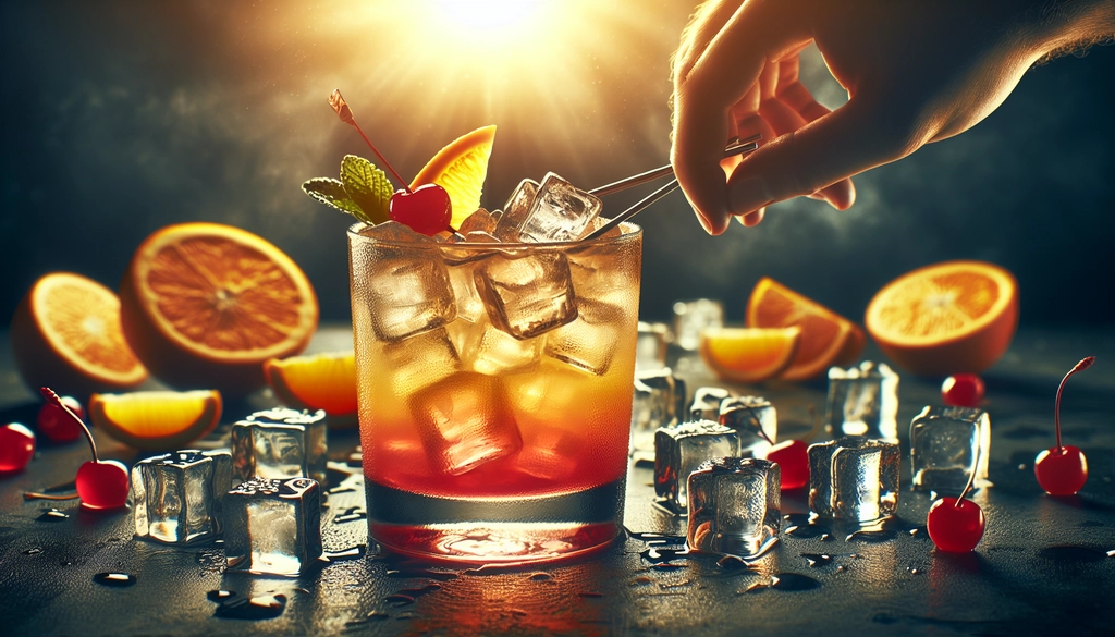 Step-by-step preparation of a Virgin Tequila Sunrise with ice-filled glass and garnishes.