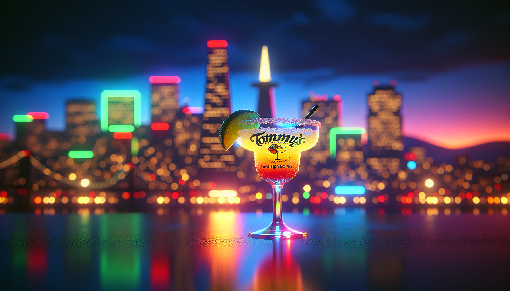 The iconic Tommy's Margarita cocktail against the backdrop of San Francisco's vibrant skyline.