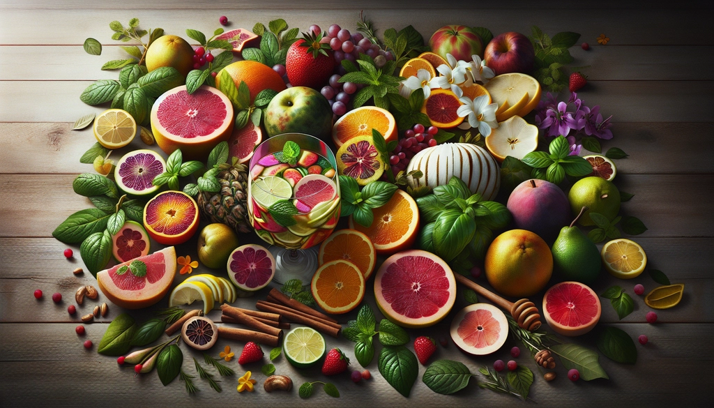 Tropical fruits and herbs ready to be added to a white sangria variation